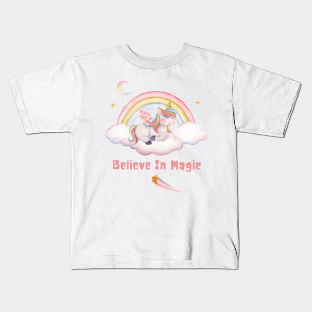 Believe In Magic Cute Unicorn With Rainbow, Clouds, And Stars Kids T-Shirt by teezeedy